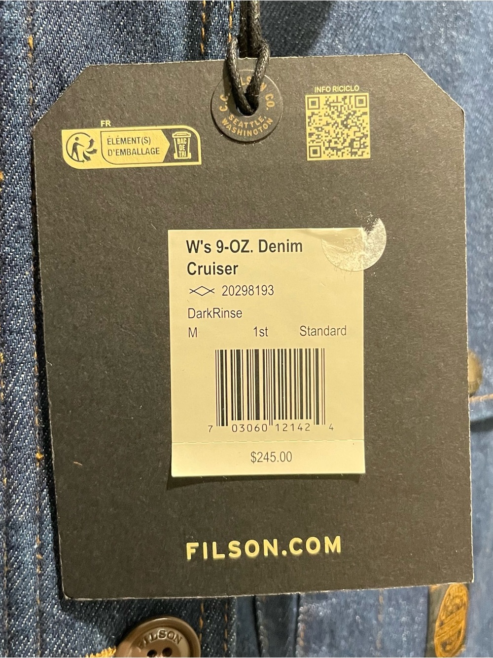 Filson 9-Oz. Denim Cruiser Jacket Dark Rinse Blue Women’s Size Medium NEW - Picture 6 of 9